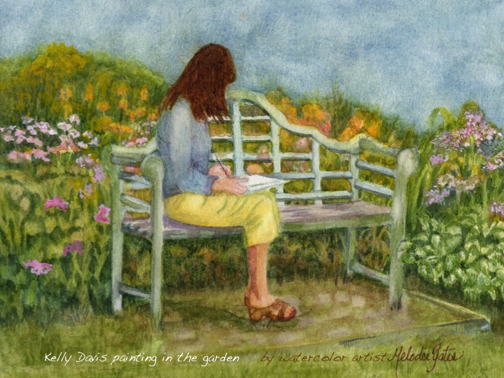 Watercolor Painting by Melodee Yates of
		Kelly painting in the garden